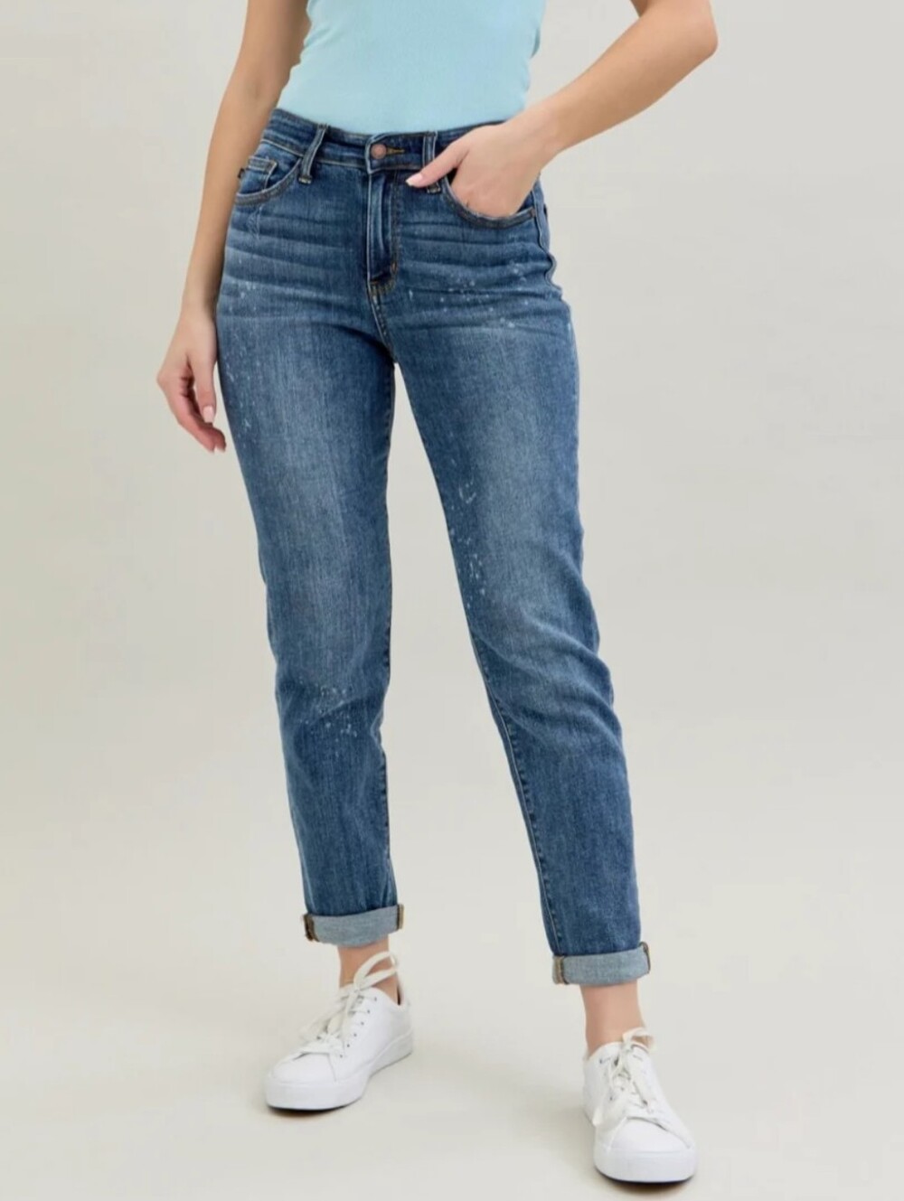Judy Blue High Rise Bleach Splatter Distress Boyfriend Jeans Women's Size15/32